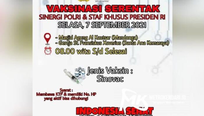 Ayo Vaksin! Besok, Polri dan Staf Khusus Presiden RI Gelar Vaksinasi Serentak di Kendari