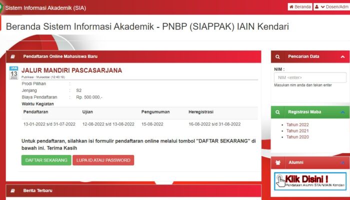 Cara Daftar Mahasiswa Baru Pasca Sarjana Melalui Link SIA IAIN Kendari