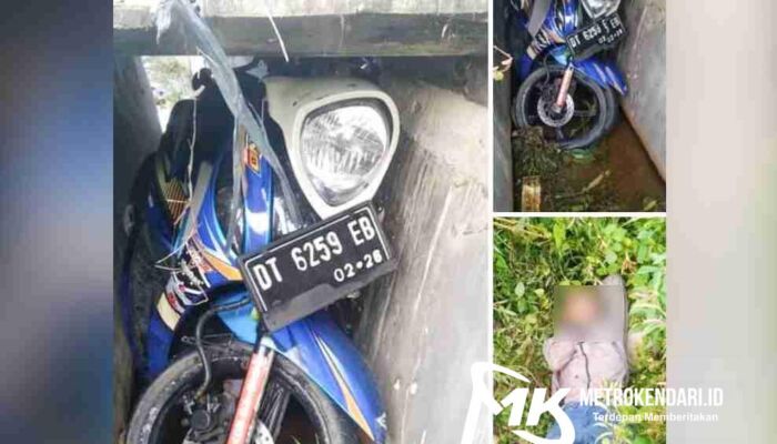 Pengendara Motor Nyungsep Masuk Got Usai Alami Kecelakaan Tunggal di Konawe