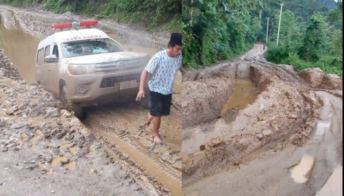 Foto Mobil Ambulans Kewalahan Lewati Jalan Poros Latoma Konawe yang Rusak Parah