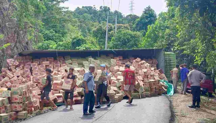 Truk Pengangkut 15 Ton Mie Instan Dari Luwu Timur Terguling di Kolaka Utara