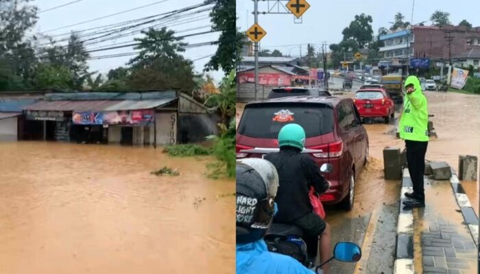 Banjir Rendam Ruas Jalan Perempatan Pasar Panjang Kendari, Lalu Lintas Macet